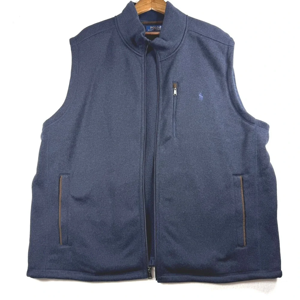 Polo Ralph Lauren Mens Navy Blue Sweater Knit Fleece Full Zip Vest 3XB Big Tall